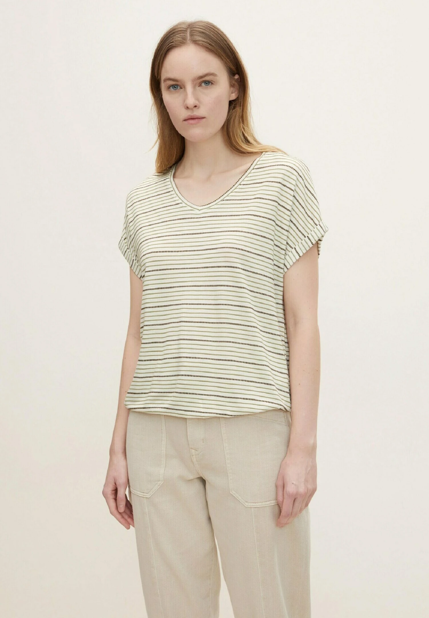 Tom Tailor T-Shirt Print - Offwhite Olive Stripe 1 Tom Tailor T-Shirt Print - Offwhite Olive Stripe
