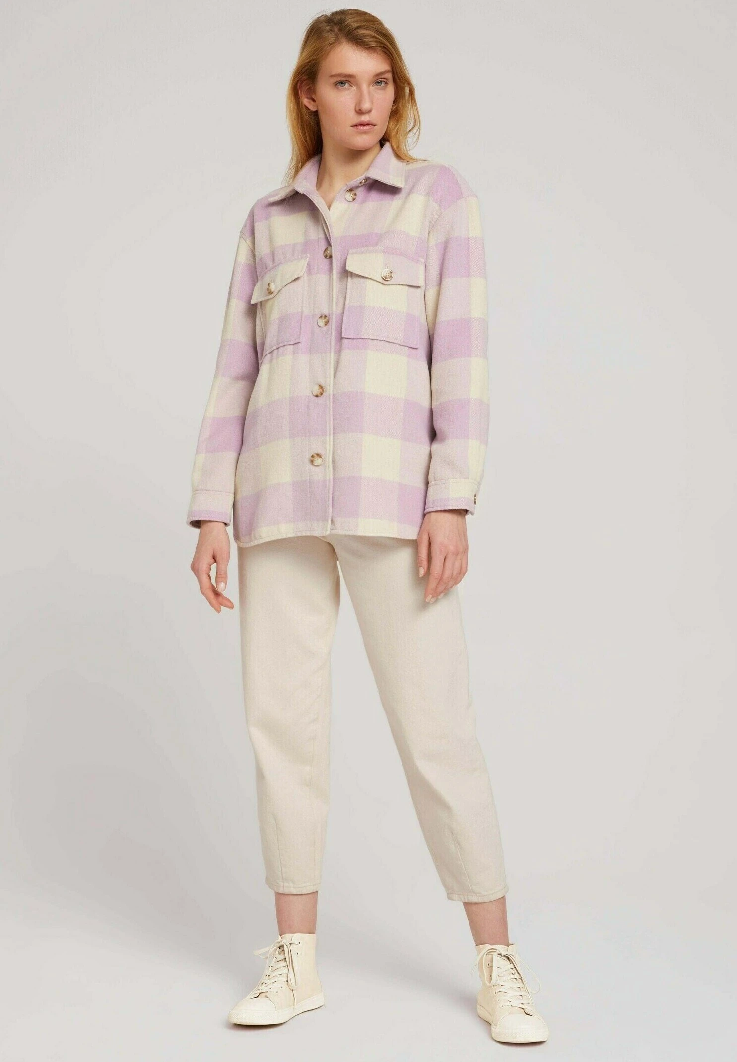 TOM TAILOR Denim Halflange Jas - Beige Rose Check 2 TOM TAILOR Denim Halflange Jas - Beige Rose Check - Afbeelding 2