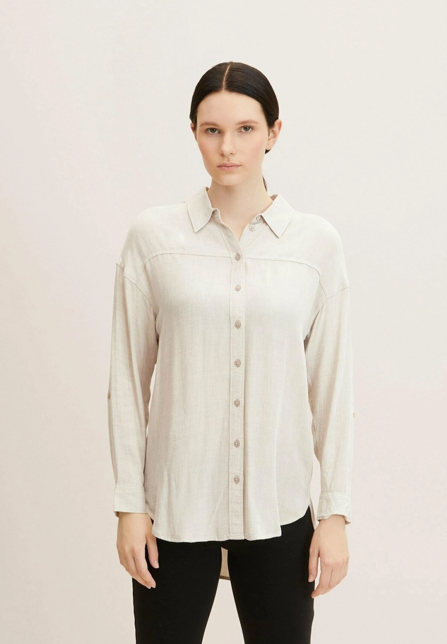 TOM TAILOR Denim Lange- Overhemdblouse - Cloud Grey Melange 1 TOM TAILOR Denim Lange- Overhemdblouse - Cloud Grey Melange