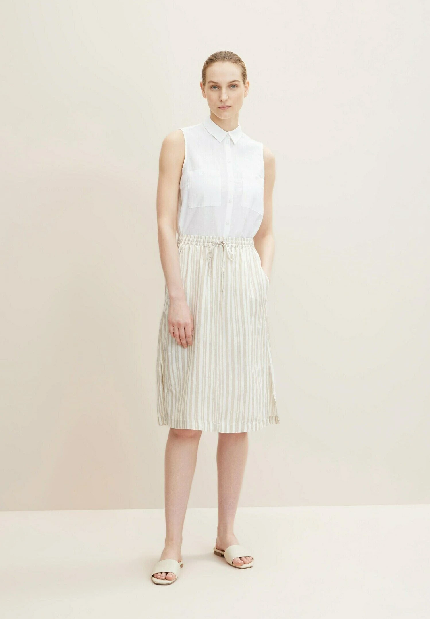 Tom Tailor Mit Leinen - A-Lijn Rok - Beige Drawn Vertical Stripe 1 Tom Tailor Mit Leinen - A-Lijn Rok - Beige Drawn Vertical Stripe