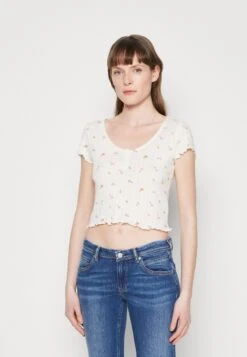 TOM TAILOR Denim Cropped Pointelle- T-Shirt Print - Off White