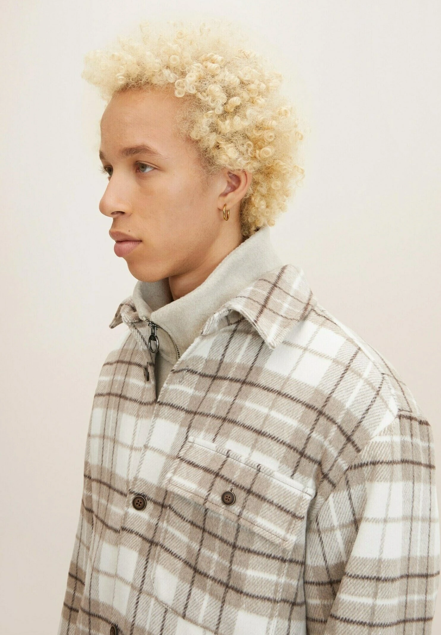 TOM TAILOR Denim Halflange Jas - Off White Beige Big Cosy Check 4 TOM TAILOR Denim Halflange Jas - Off White Beige Big Cosy Check - Afbeelding 4