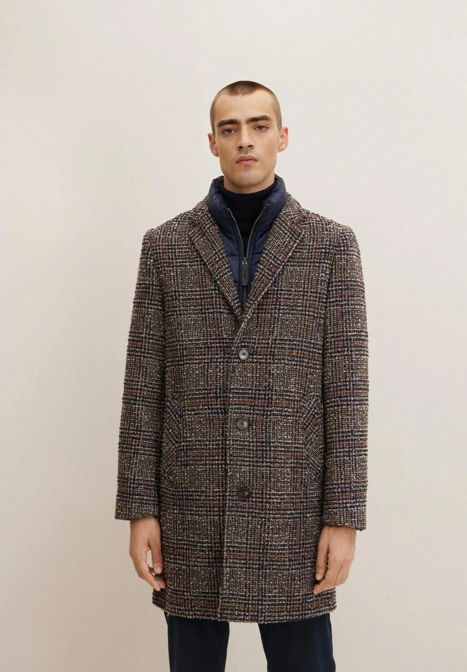 Tom Tailor Mantel - Blue Brown Boucle Wool Check 1 Tom Tailor Mantel - Blue Brown Boucle Wool Check