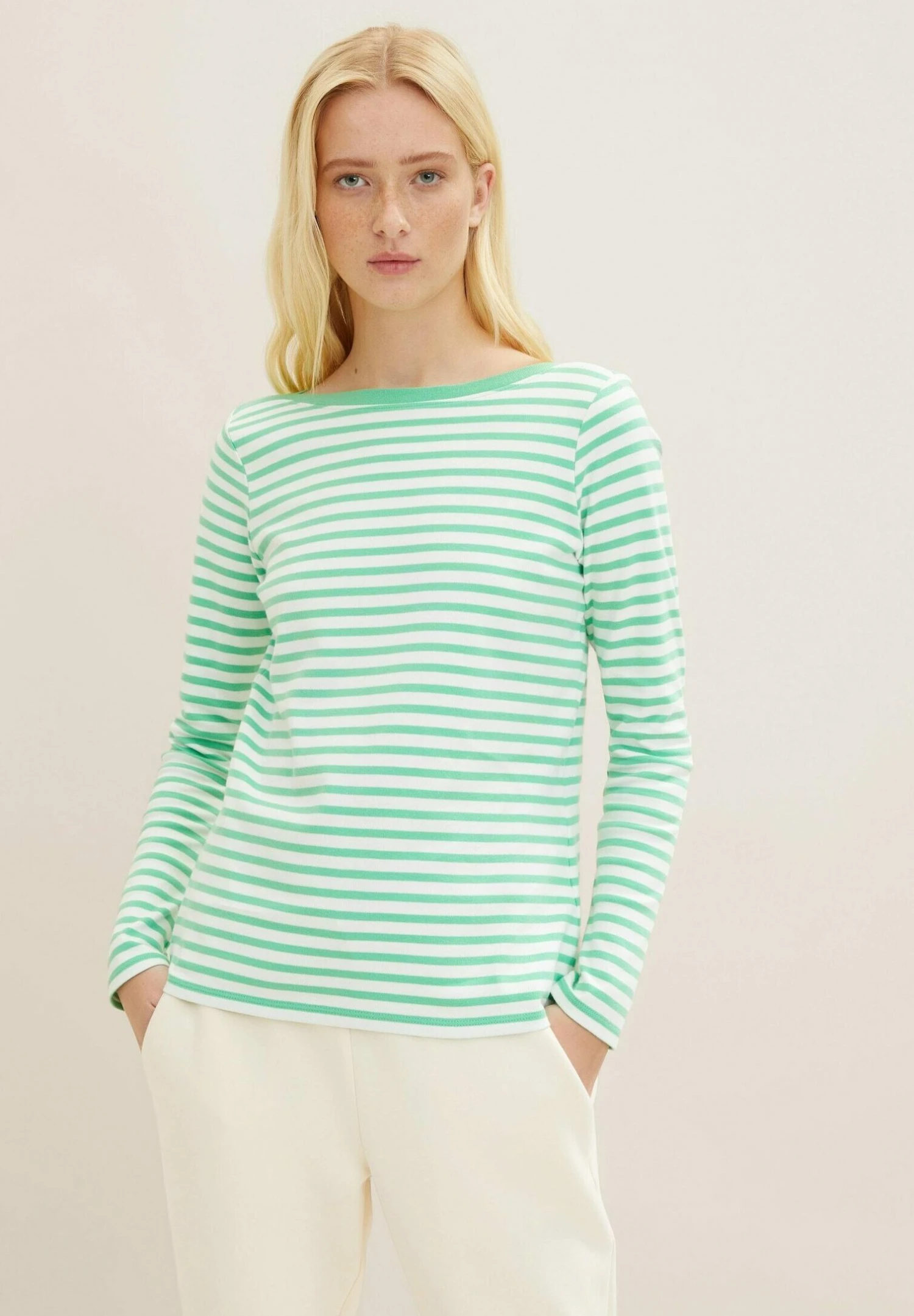 TOM TAILOR Denim Contrast Neck - Longsleeve - White Green Stripe 1 TOM TAILOR Denim Contrast Neck - Longsleeve - White Green Stripe