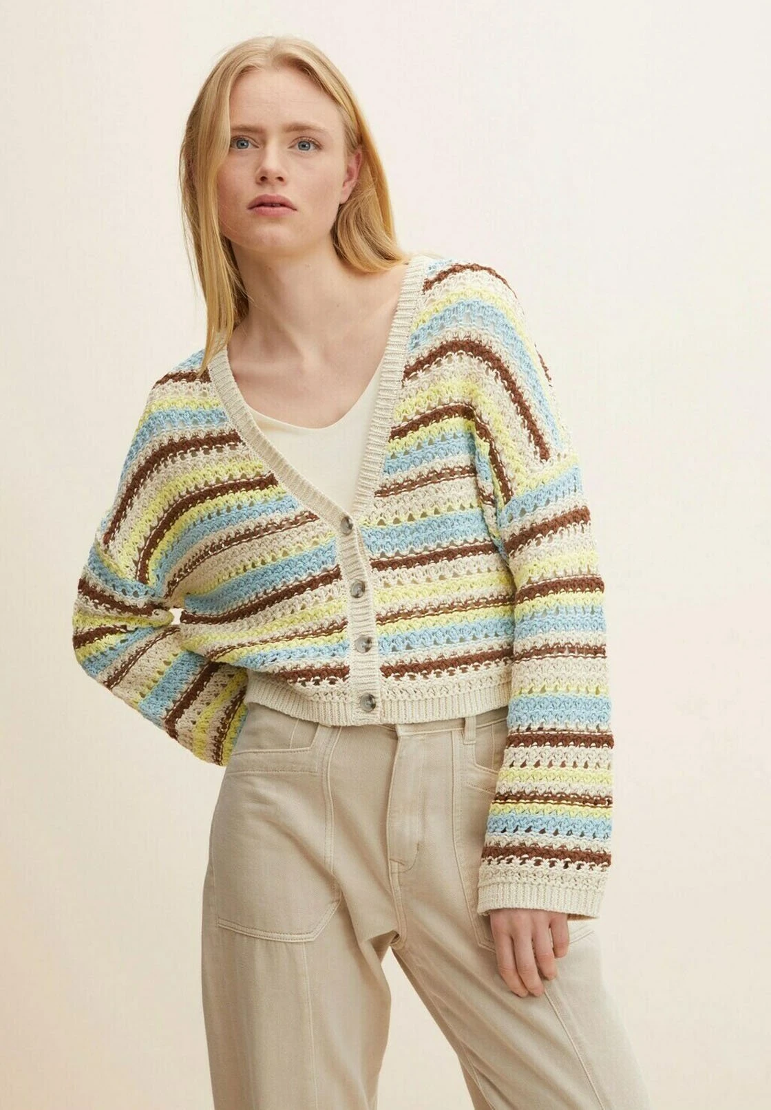 TOM TAILOR Denim Mit Grober Struktur - Vest - Blue Creme Brown Stripe 1 TOM TAILOR Denim Mit Grober Struktur - Vest - Blue Creme Brown Stripe