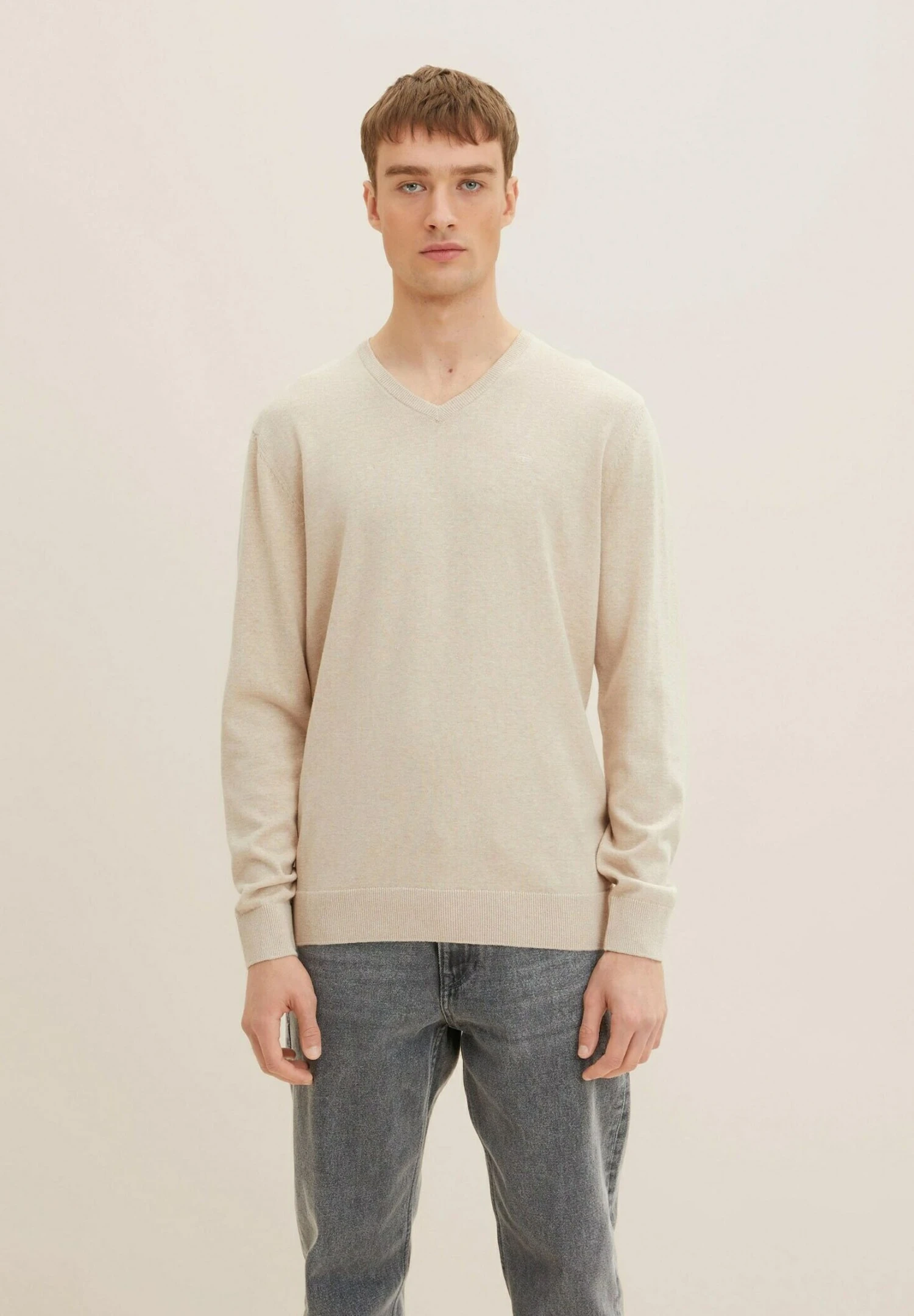 Tom Tailor Basic V Neck - Trui - Cargo Beige Melange 1 Tom Tailor Basic V Neck - Trui - Cargo Beige Melange