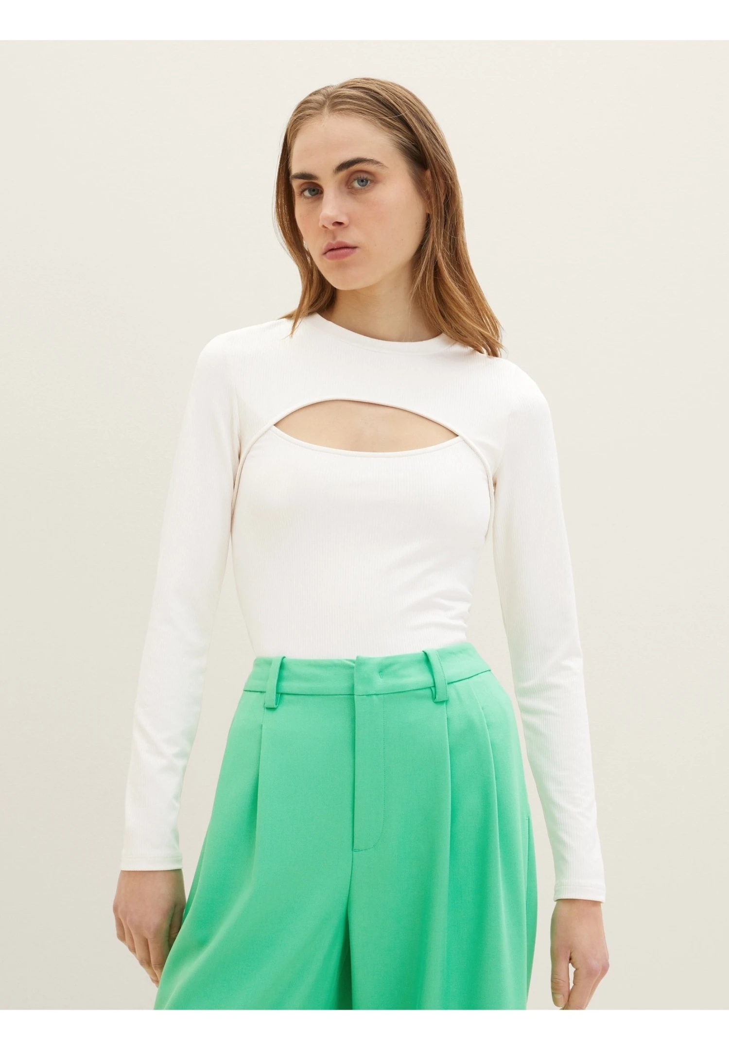 TOM TAILOR Denim Langarmshirt Mit Cut Out - Longsleeve - Gardenia White 1 TOM TAILOR Denim Langarmshirt Mit Cut Out - Longsleeve - Gardenia White