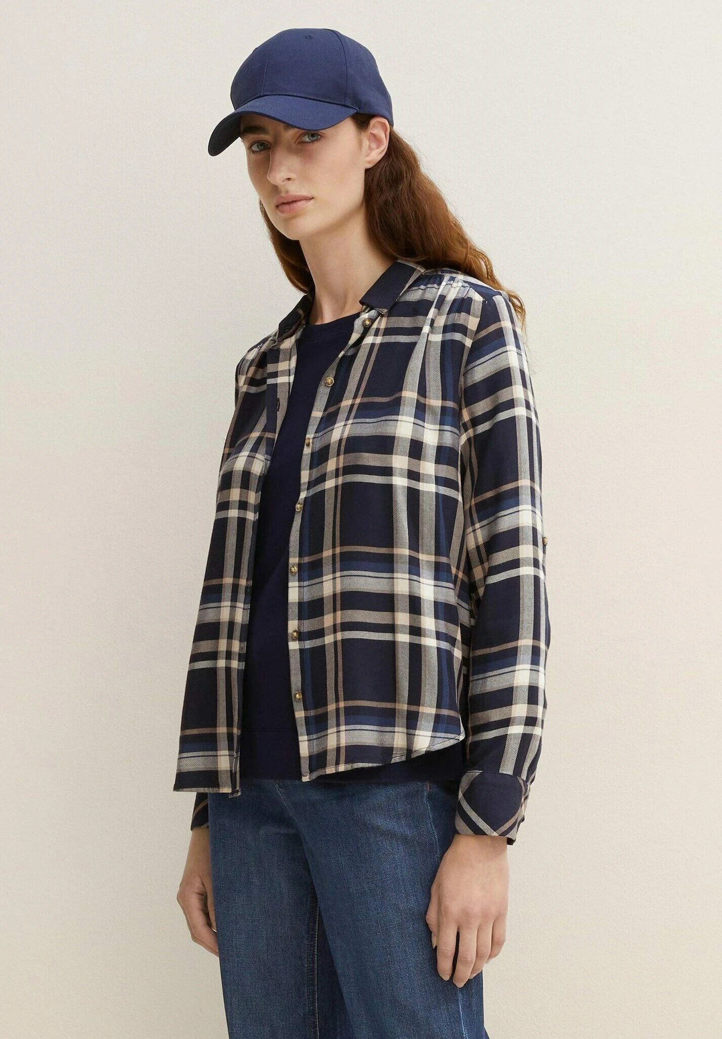 Tom Tailor Overhemdblouse - Navy Blue/Beige Check 1 Tom Tailor Overhemdblouse - Navy Blue/Beige Check