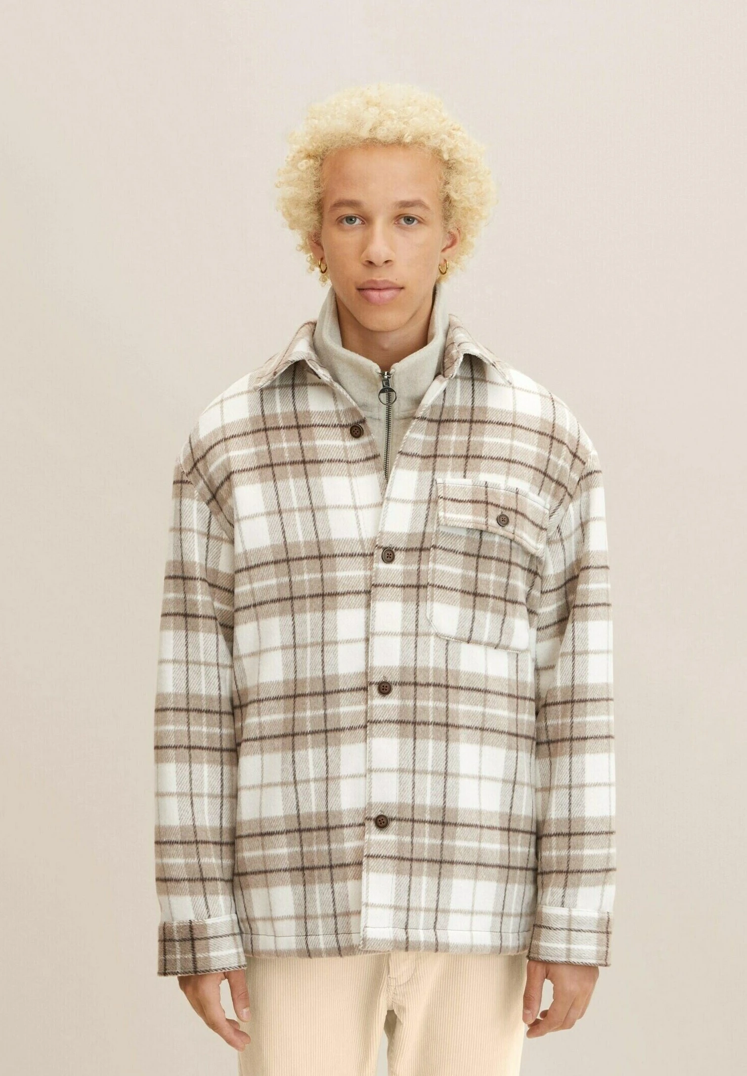 TOM TAILOR Denim Halflange Jas - Off White Beige Big Cosy Check 1 TOM TAILOR Denim Halflange Jas - Off White Beige Big Cosy Check