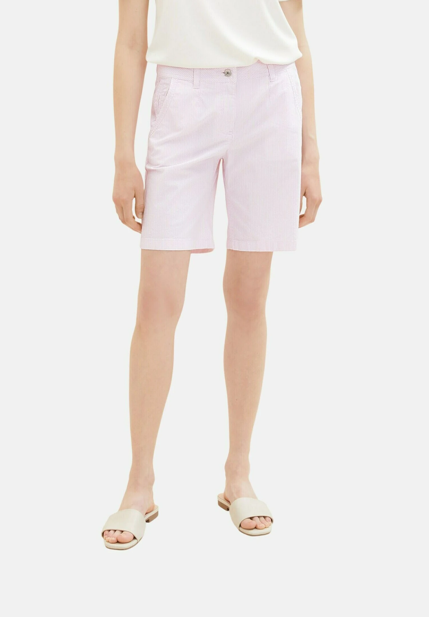 Tom Tailor Bermuda - Shorts - Offwhite Pink Stripe 1 Tom Tailor Bermuda - Shorts - Offwhite Pink Stripe