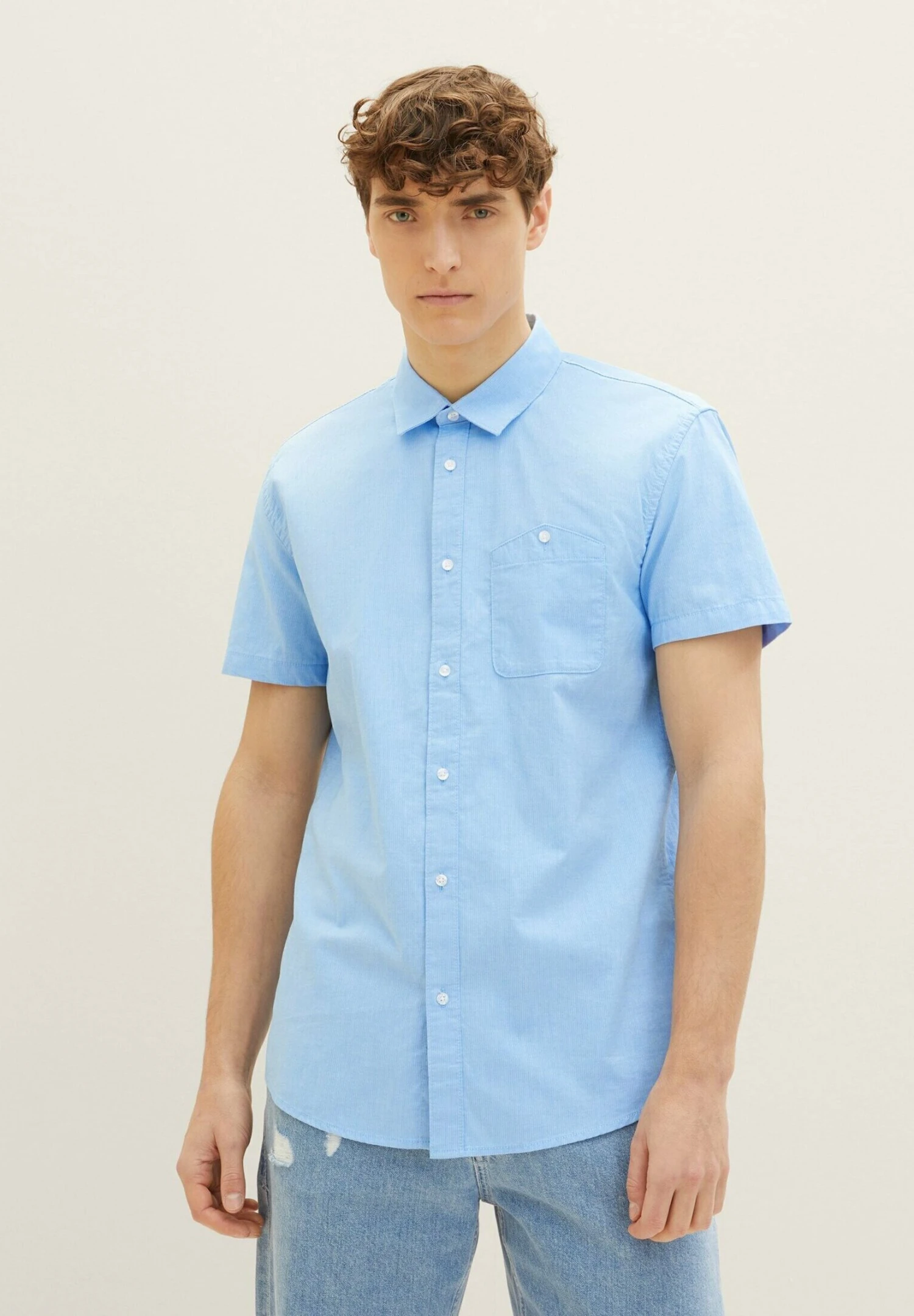 TOM TAILOR Denim Kurzarm Mit Brusttasche - Overhemd - Blue White Structure 1 TOM TAILOR Denim Kurzarm Mit Brusttasche - Overhemd - Blue White Structure