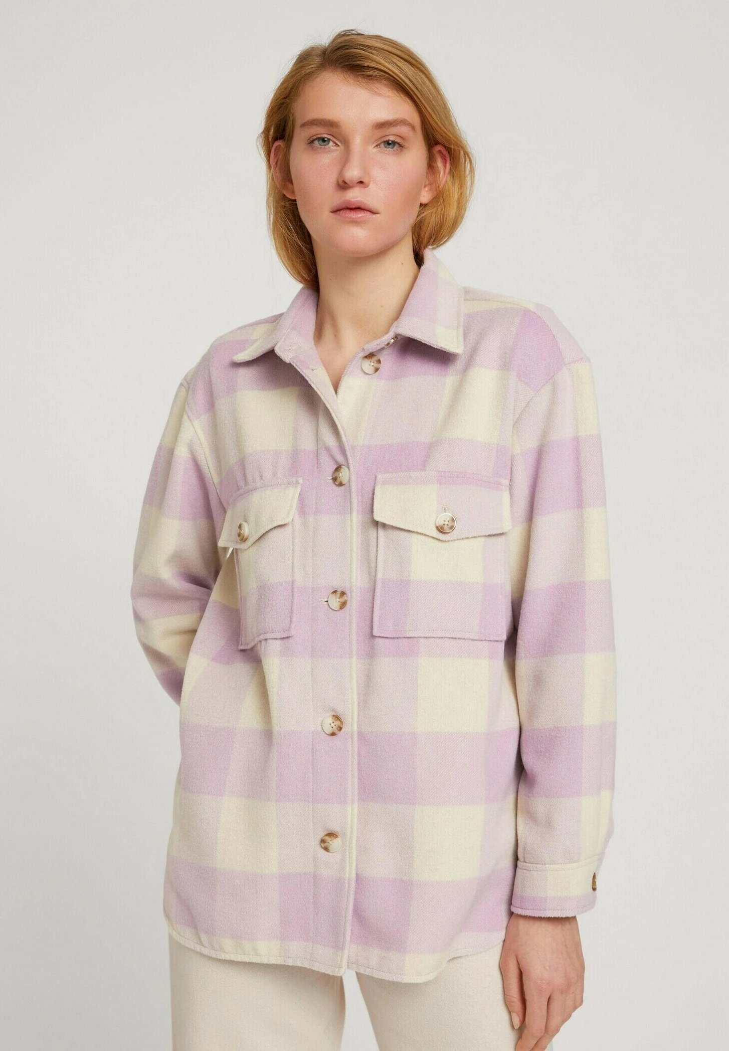 TOM TAILOR Denim Halflange Jas - Beige Rose Check 1 TOM TAILOR Denim Halflange Jas - Beige Rose Check