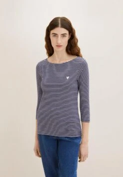 Tom Tailor Gestreiftes Mit 3/4 Arm - Longsleeve - Navy Offwhite Thin Stripe